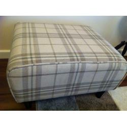 Byron Fabric Footstool Ecru Check, Retro Style, Shabby Chic,Tapered Wooden Legs