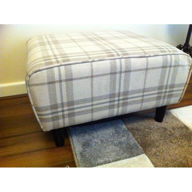 Byron Fabric Footstool Ecru Check, Retro Style, Shabby Chic,Tapered Wooden Legs