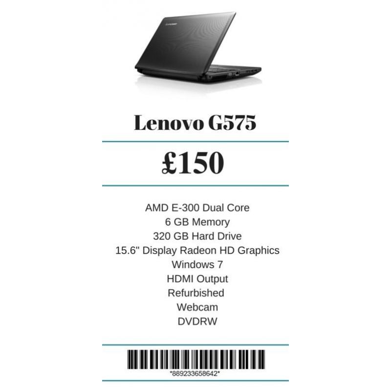 Refurbished Lenovo G575 AMD E-300 Dual Core 6 GB Memory 320 GB Hard Drive 15.6" Display Radeon HD