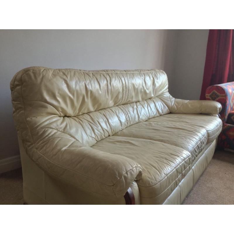 Two Piece Peter Jackson Tailor-made Top Grain Leather Sofa Set w/Solid Mahogany Trim in Cream