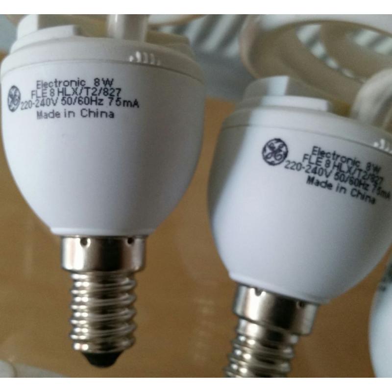 8watt energy saving bulbs, General Electric fle8hlx/t2/827 spiral E14 small eddison screw cap.