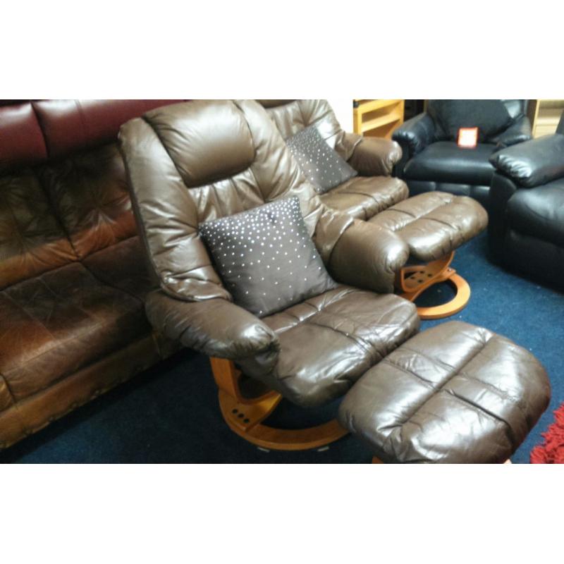 Real Leather *Recliner/Swivel chair plus footstool*BROWN *