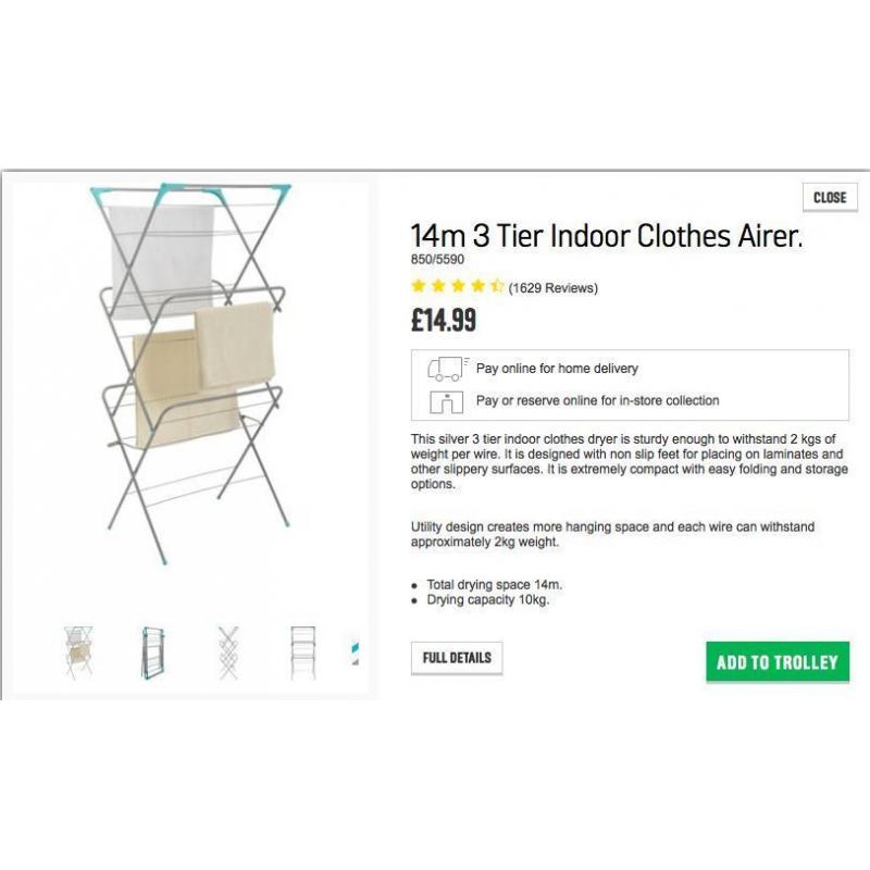 SILVER AND BLUE/GREEN 3 TIER CLOTHES DRYING RACK