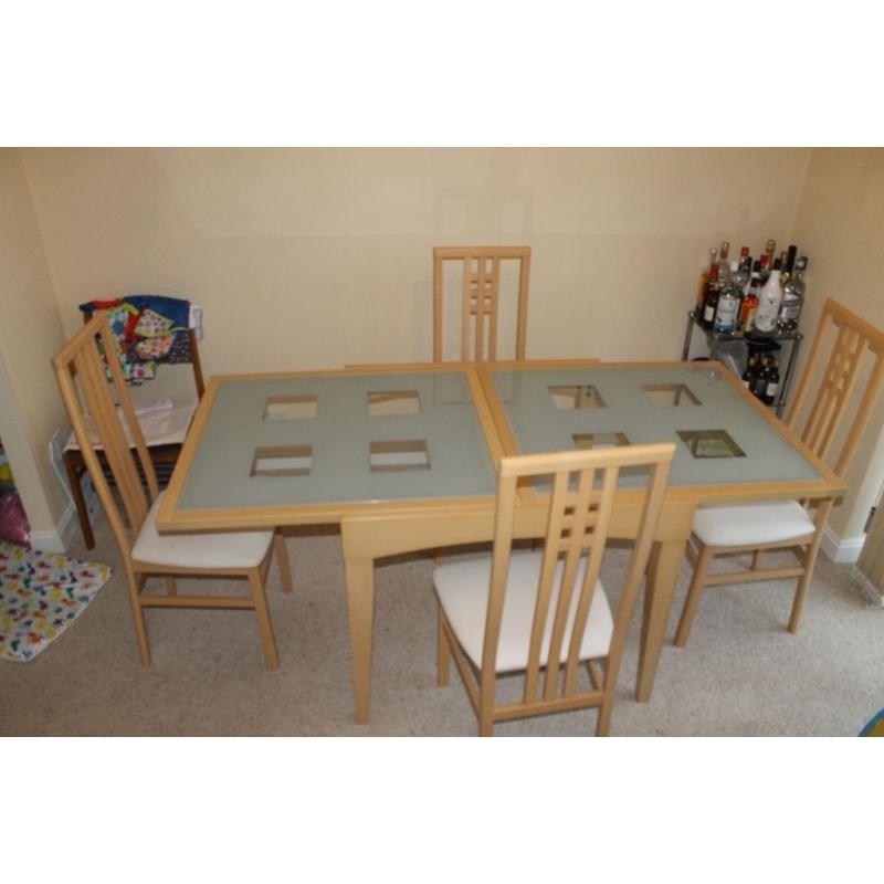 Extendable glass and wooden dining table and 4 chairs