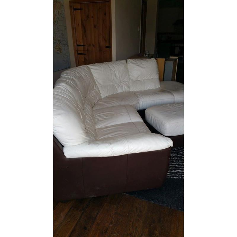 Large Ivory White LEATHER Arc shaped Corner SOFA +storage footstool