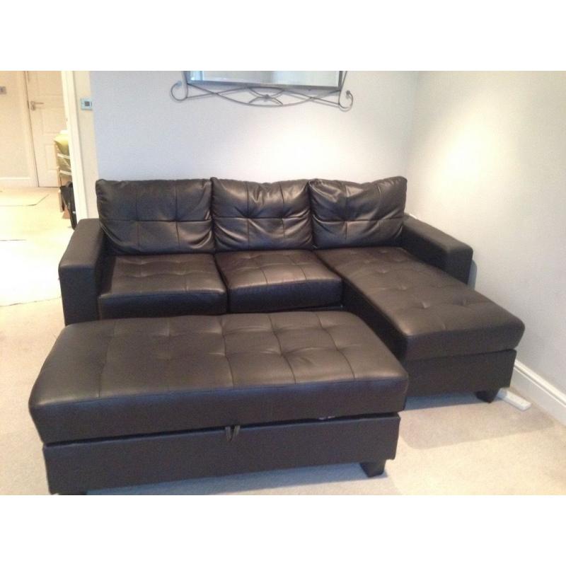 Brown leather corner sofa and storage ottoman