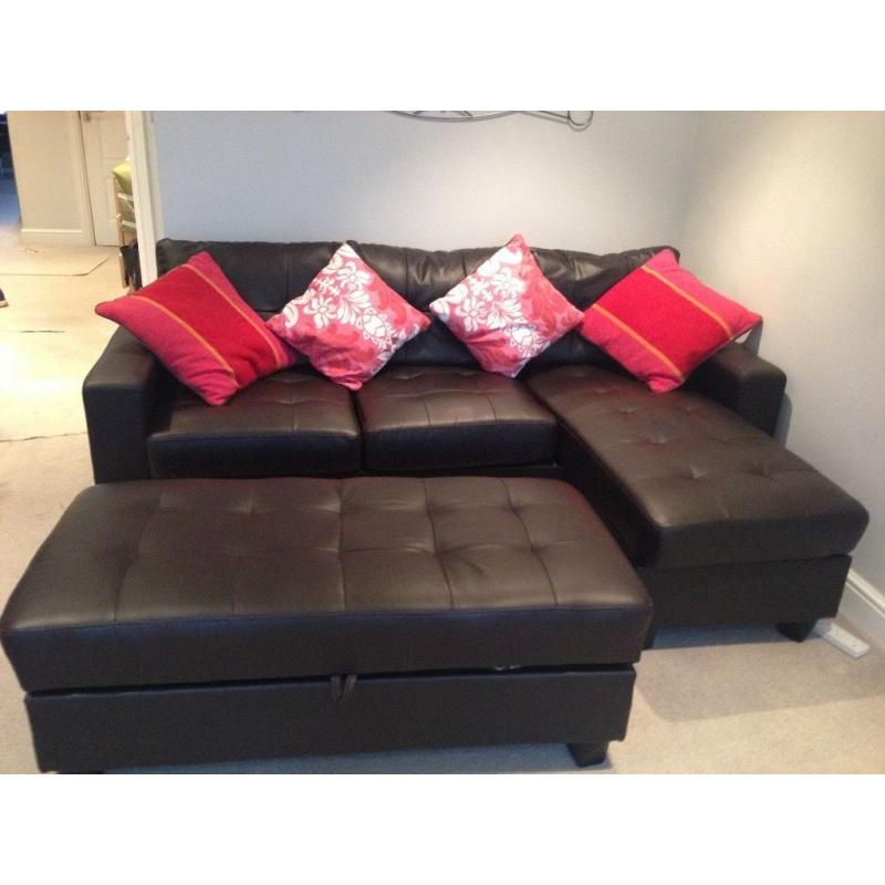 Brown leather corner sofa and storage ottoman