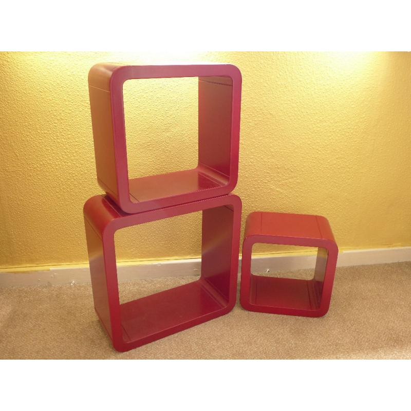 Retro 60s 70s style burgundy MDF cube square wall shelves, set of 3