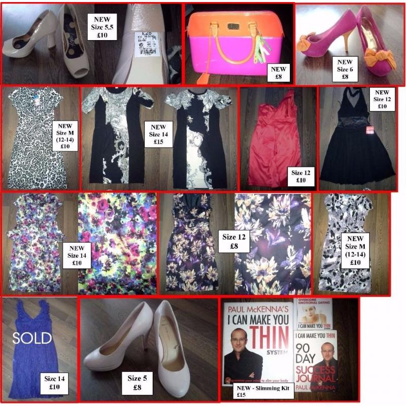 VARIOUS ITEMS: Size 12/14 Dresses, Size 5-6 Heels and Pink/Orange Bag - see photo