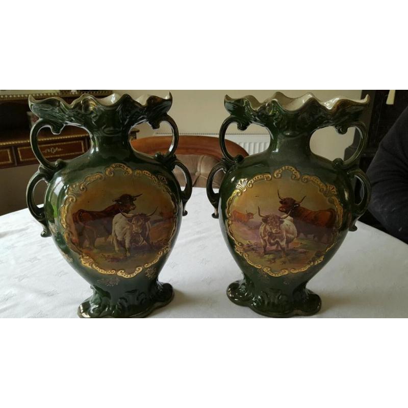 2 Victorian Highland cow scene vases