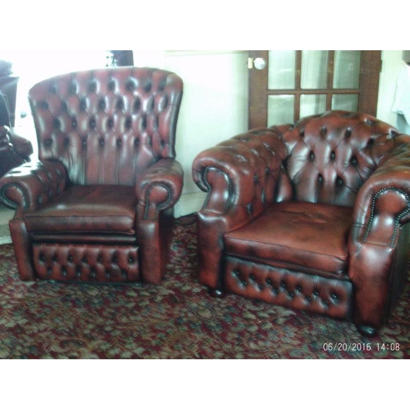 Leather, antique rust (red/brown) original Chesterfield 3 piece suite. (2nd hand)