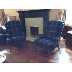 Beautiful pair of Queen Anne chairs newly re-upholstered in Harris Tweed