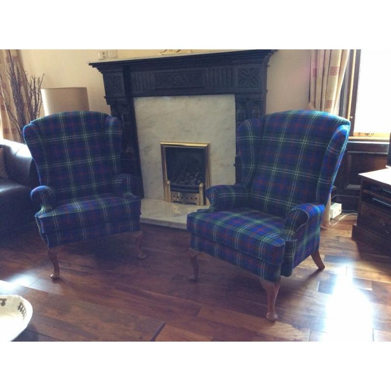 Beautiful pair of Queen Anne chairs newly re-upholstered in Harris Tweed