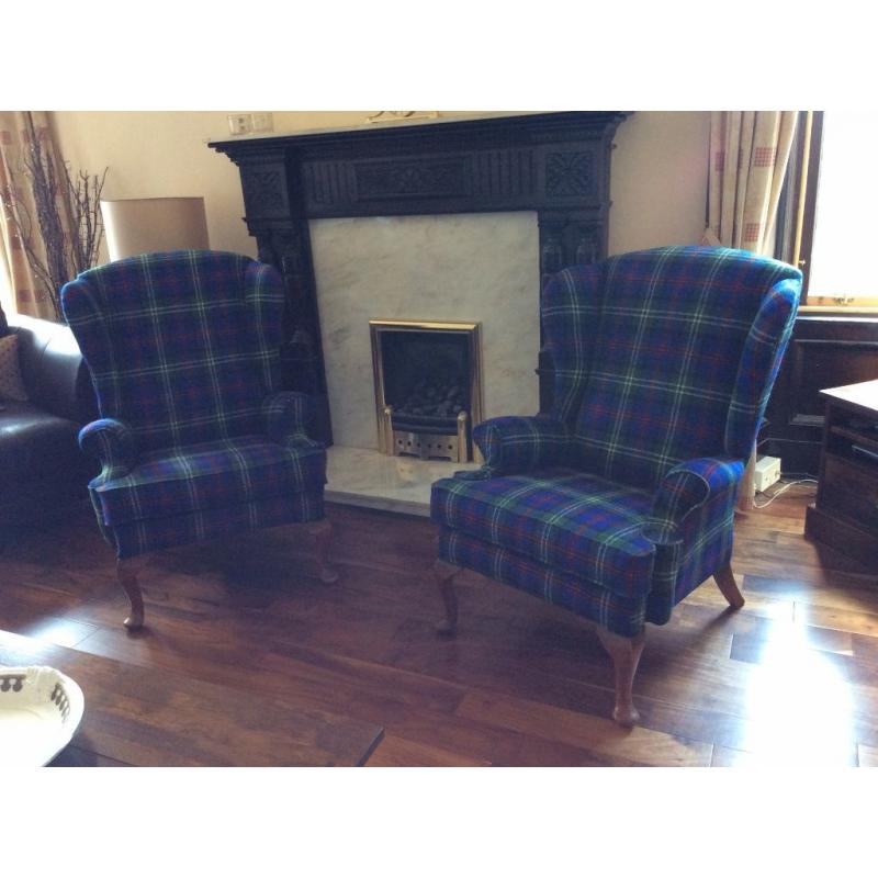 Beautiful pair of Queen Anne chairs newly re-upholstered in Harris Tweed