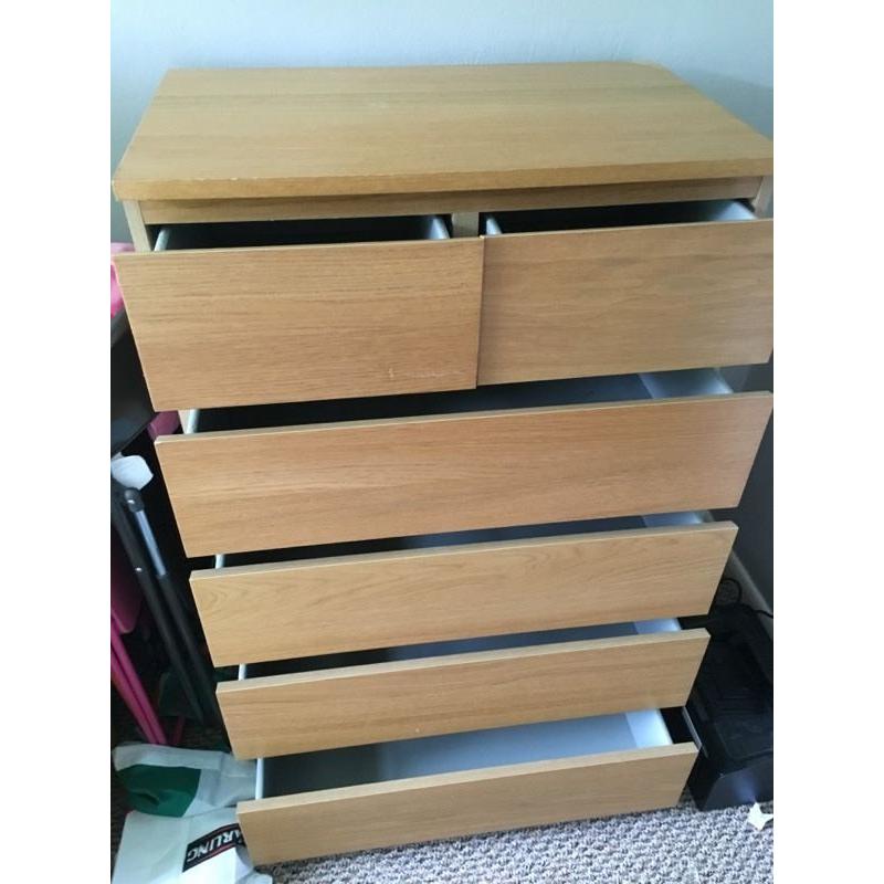 Ikea Malm six drawer oak chest of drawers