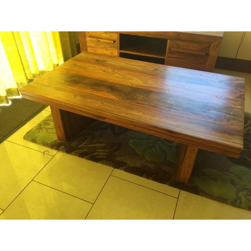 Solid wood dining room furniture, with large mirror & six seats, coffee table, mirror, tv unit.