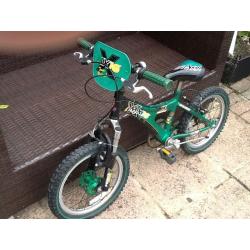 Boys 16" Green Raleigh MX16 BMX bike with stand.