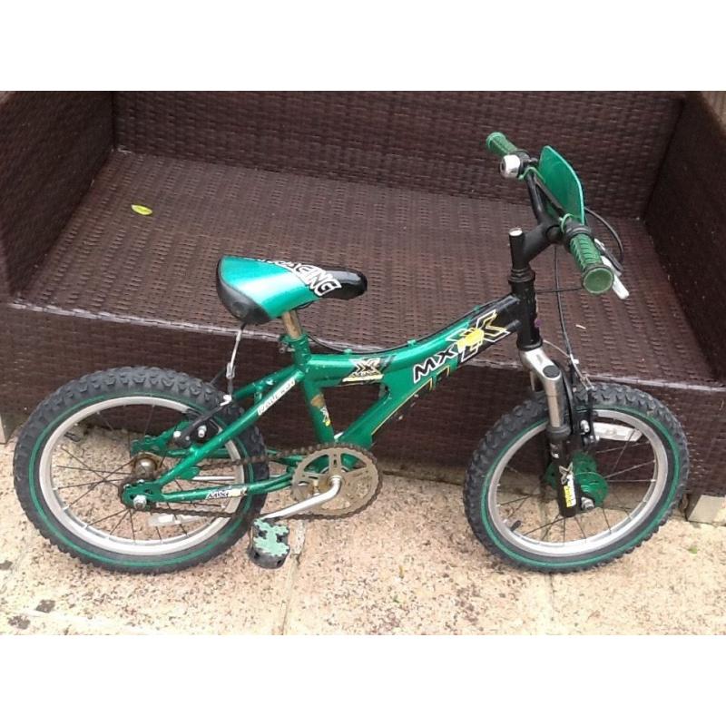 Boys 16" Green Raleigh MX16 BMX bike with stand.