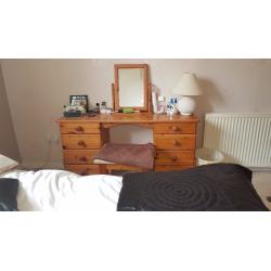 High quality pine double bed, wardrobe and dressing table with stool.