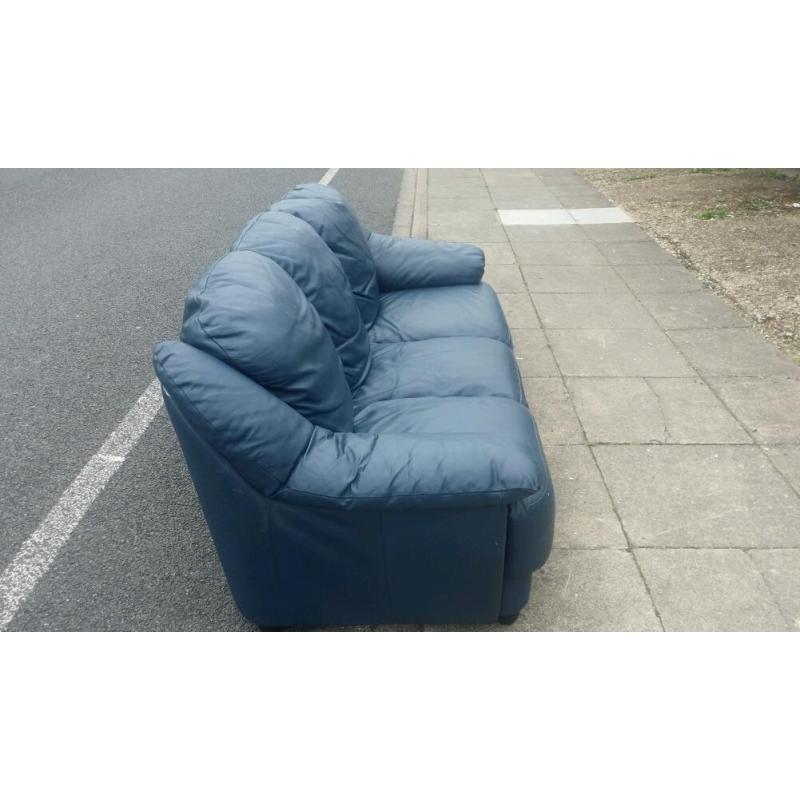 Blue leather 3 seater sofa