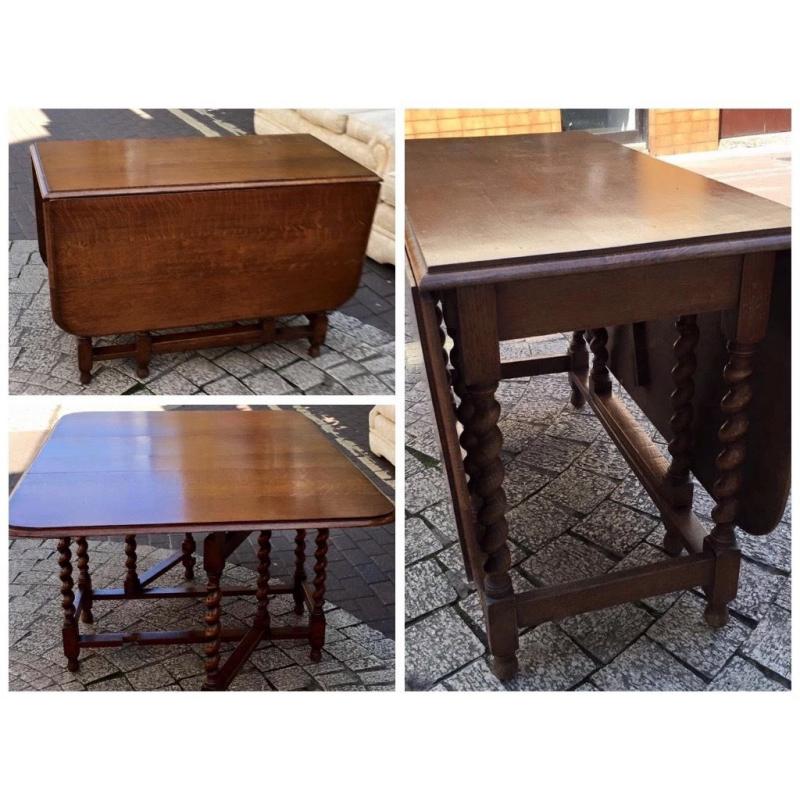 ** SOLID OAK BARLEY TWIST GATELEG DROP LEAF TABLE **