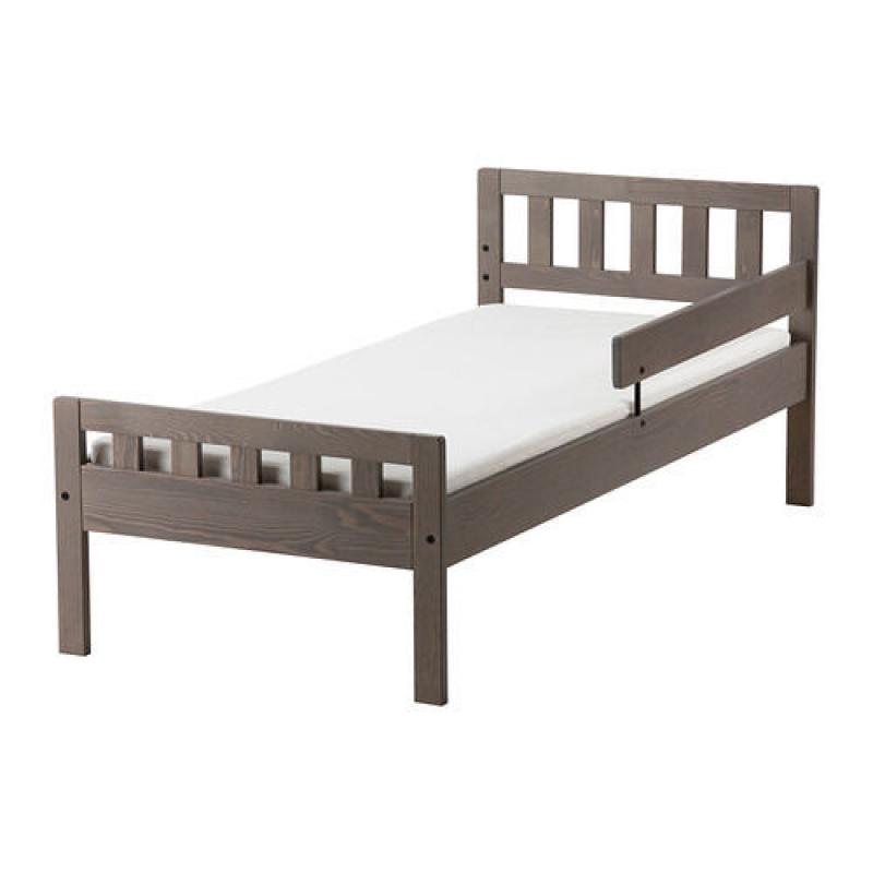 MYGGA - IKEA Children bed frame with slatted bed base, grey-brown and mattress