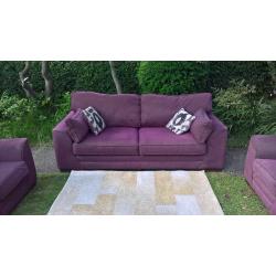 Ex-display Plum Natural Fabric 3 Seater Sofa and two Arm Chairs.