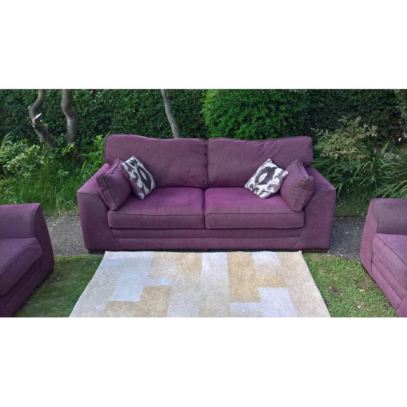 Ex-display Plum Natural Fabric 3 Seater Sofa and two Arm Chairs.