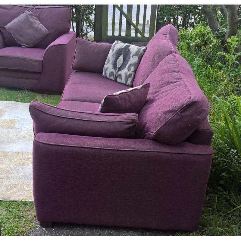 Ex-display Plum Natural Fabric 3 Seater Sofa and two Arm Chairs.