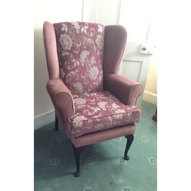 Lovely comfortable High backed pink wing armed chair