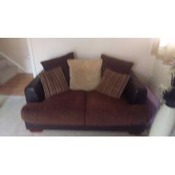 2 x harveys brown leather and material sofas