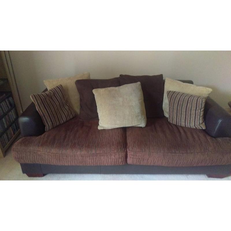 2 x harveys brown leather and material sofas