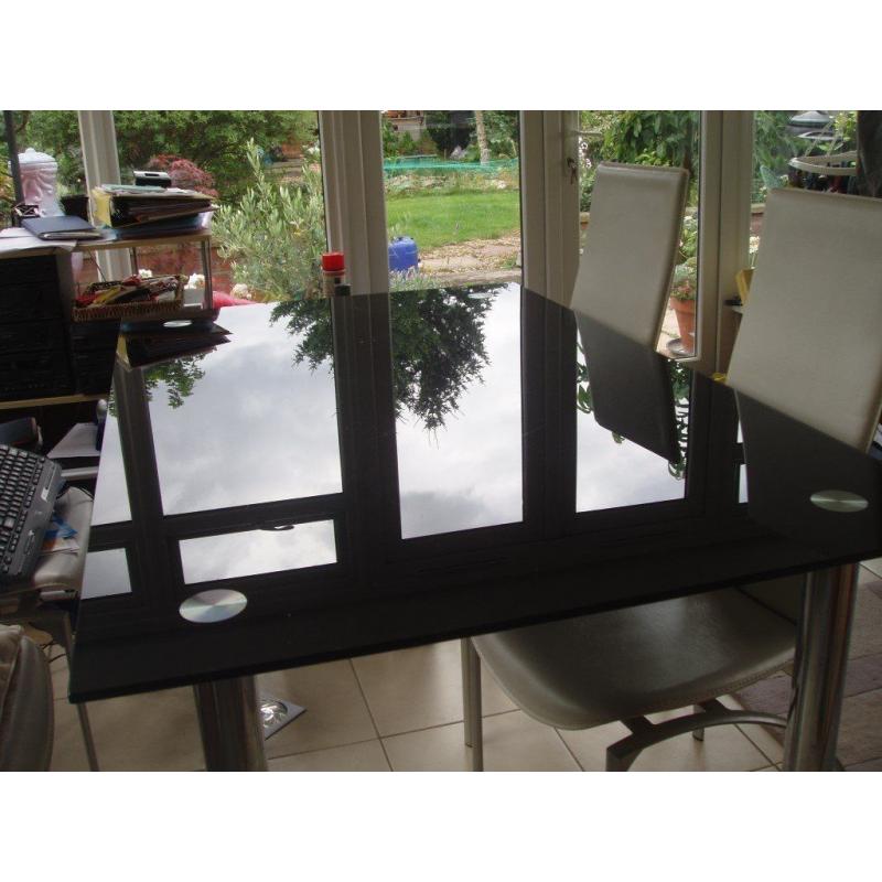 Black tempered glass and Chrome table, six chairs and matching bookshelf