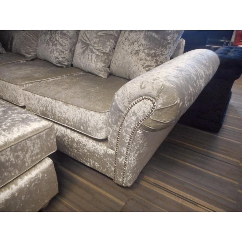 BRAND NEW SILVER CRUSHED VELVET CORNER SUITE / CORNER GROUP / CORNER SOFA