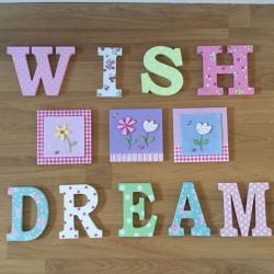 Wooden Letters 'WISH' and 'DREAM' and three small tile pictures (see image for sizes)