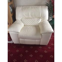 Cream leather electric recliner chaise longue sofa with electric recliner chair and footstool