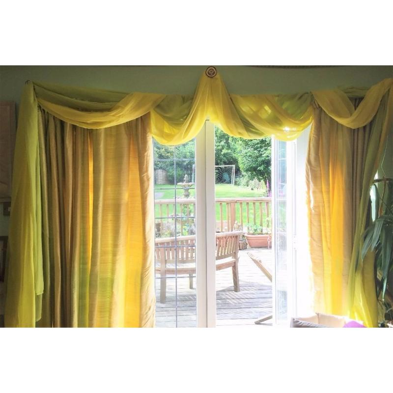 Raw Silk long curtains for Patio doors or big windows lime green and yellow to brighten up any home