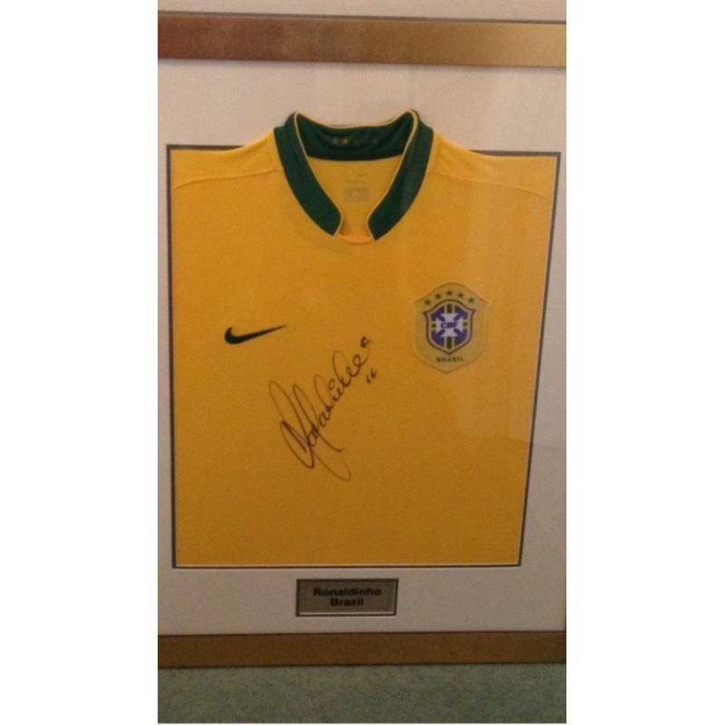 SIGNED SPORTS MEMORABILLIA - Personally signed/framed RONALDHINO Brazil football shirt!